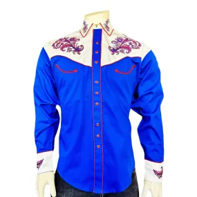 Men’s Vintage 2-Tone Royal Blue & White Western Shirt with Floral Embroidery