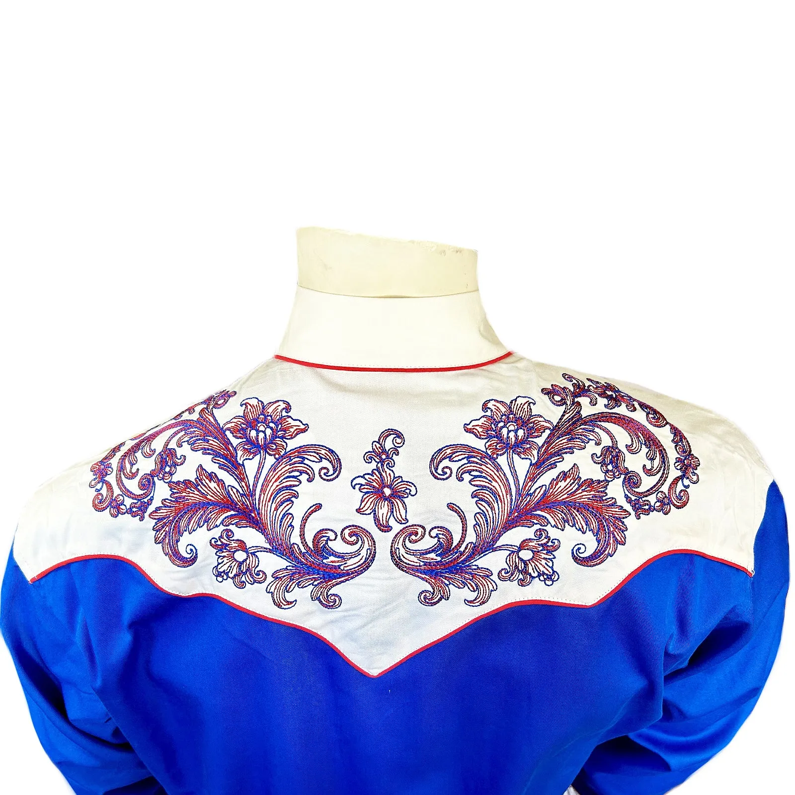 Men’s Vintage 2-Tone Royal Blue & White Western Shirt with Floral Embroidery