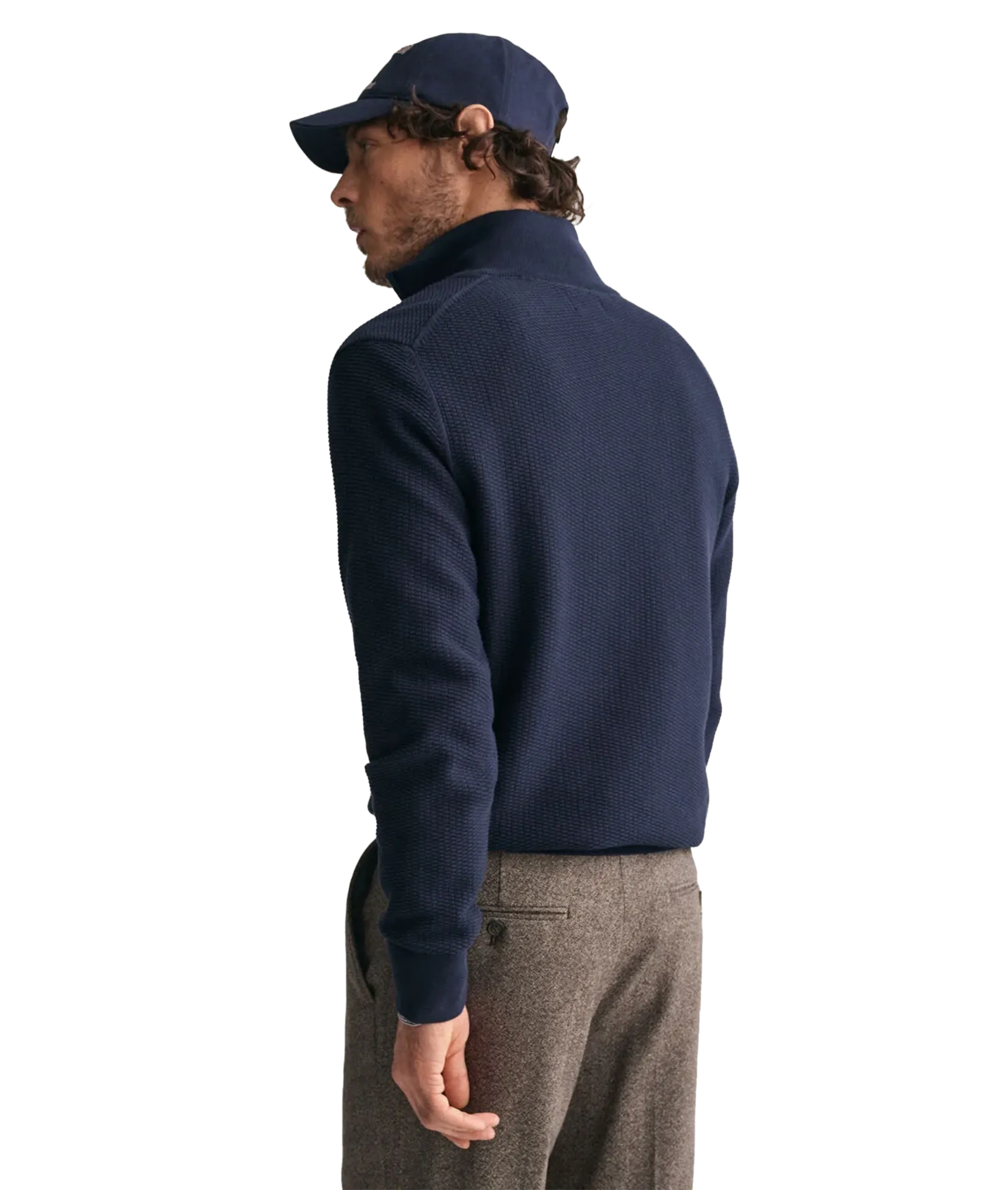 Micro Textured Cotton Half-Zip Sweater - Navy