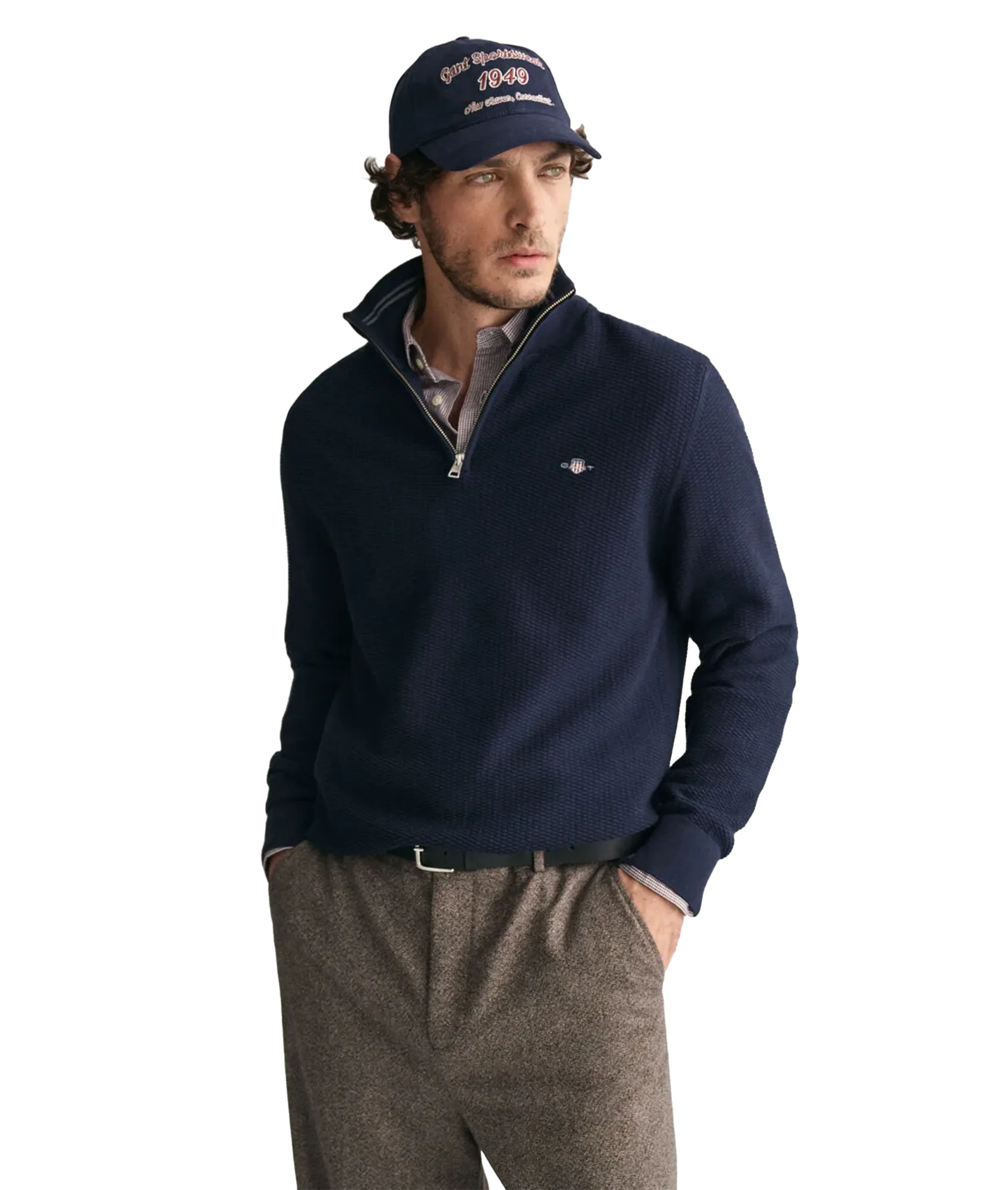 Micro Textured Cotton Half-Zip Sweater - Navy