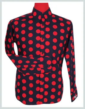 Mod Shirt | Large Navy Blue and Red Polka Dot Shirt