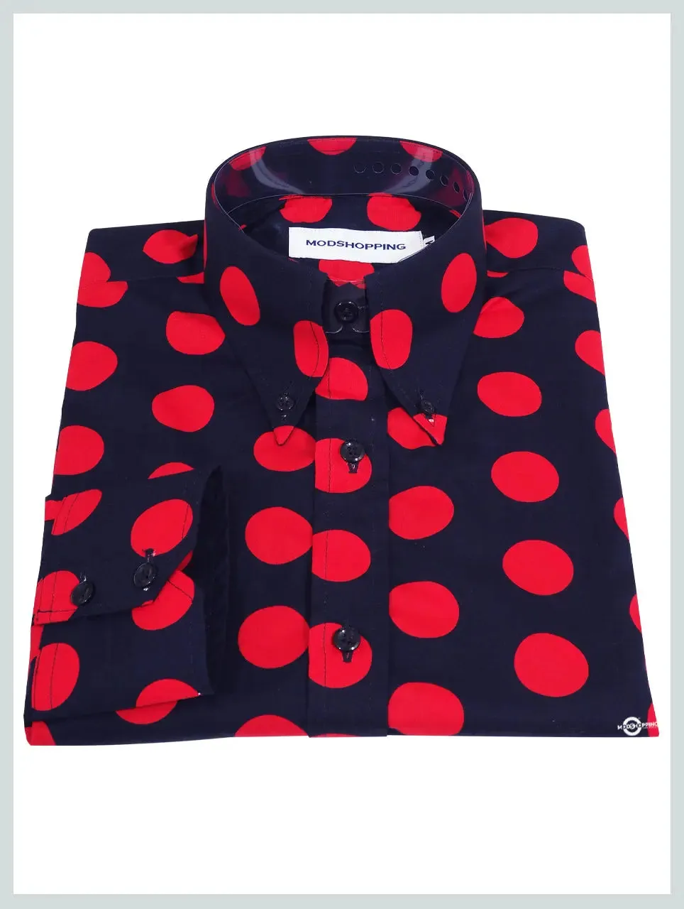 Mod Shirt | Large Navy Blue and Red Polka Dot Shirt