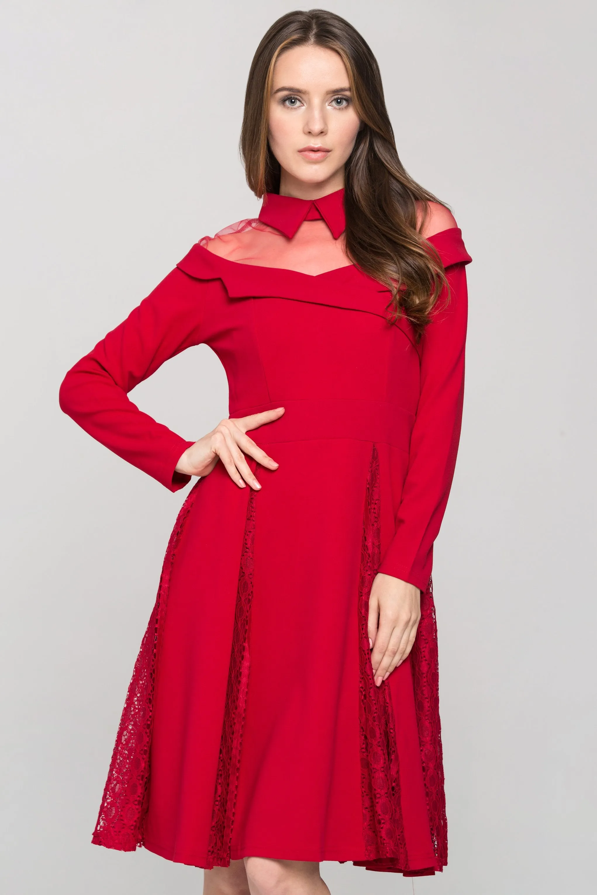 Red Collared Sheer Yoke Sleeved Princess Midi Dress