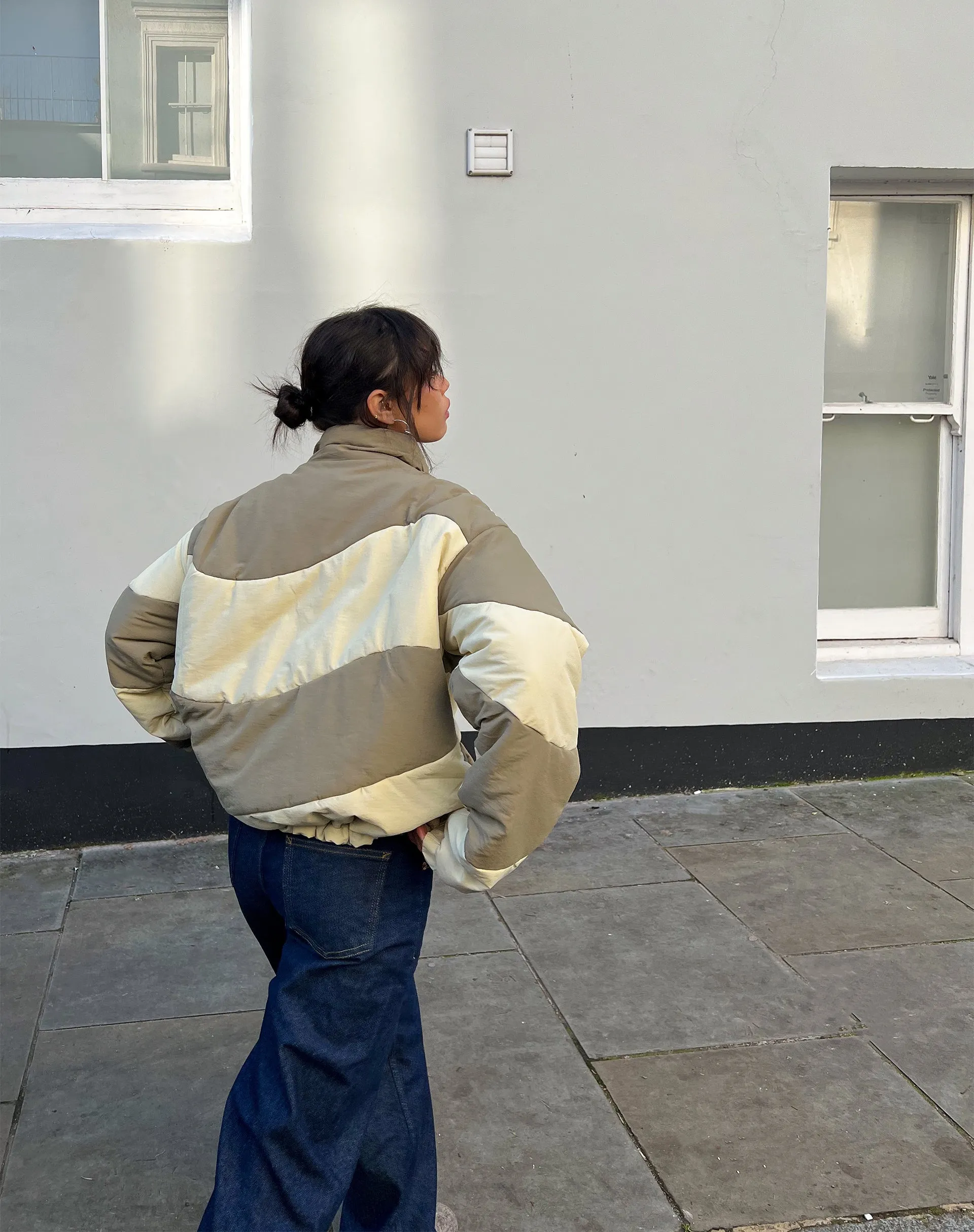 Renee Puffa Jacket in Panelled Cream and Taupe