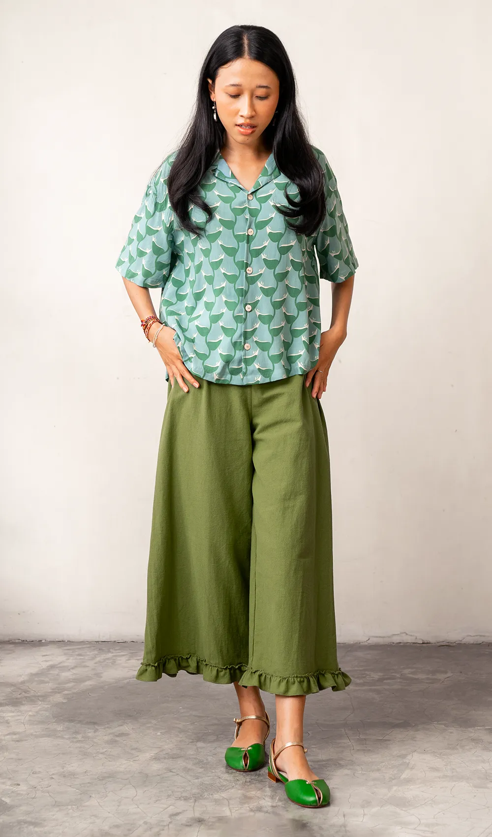 Ruffled Pants Cotton Linen Green