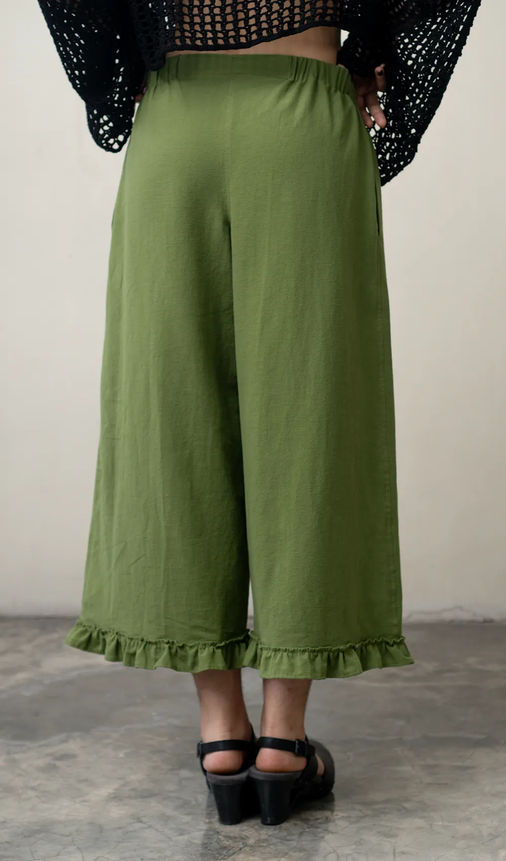 Ruffled Pants Cotton Linen Green