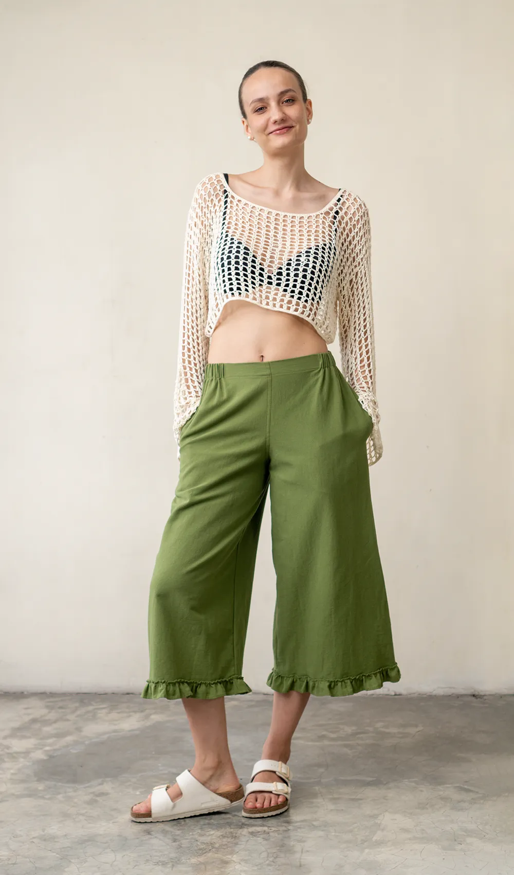 Ruffled Pants Cotton Linen Green