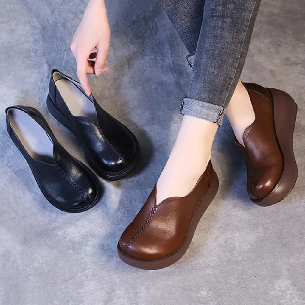 Spring Comfortable Handmade Leather Retro Wedge Shoes