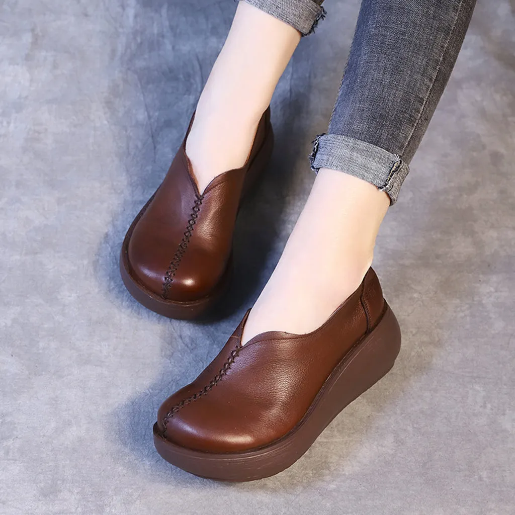 Spring Comfortable Handmade Leather Retro Wedge Shoes