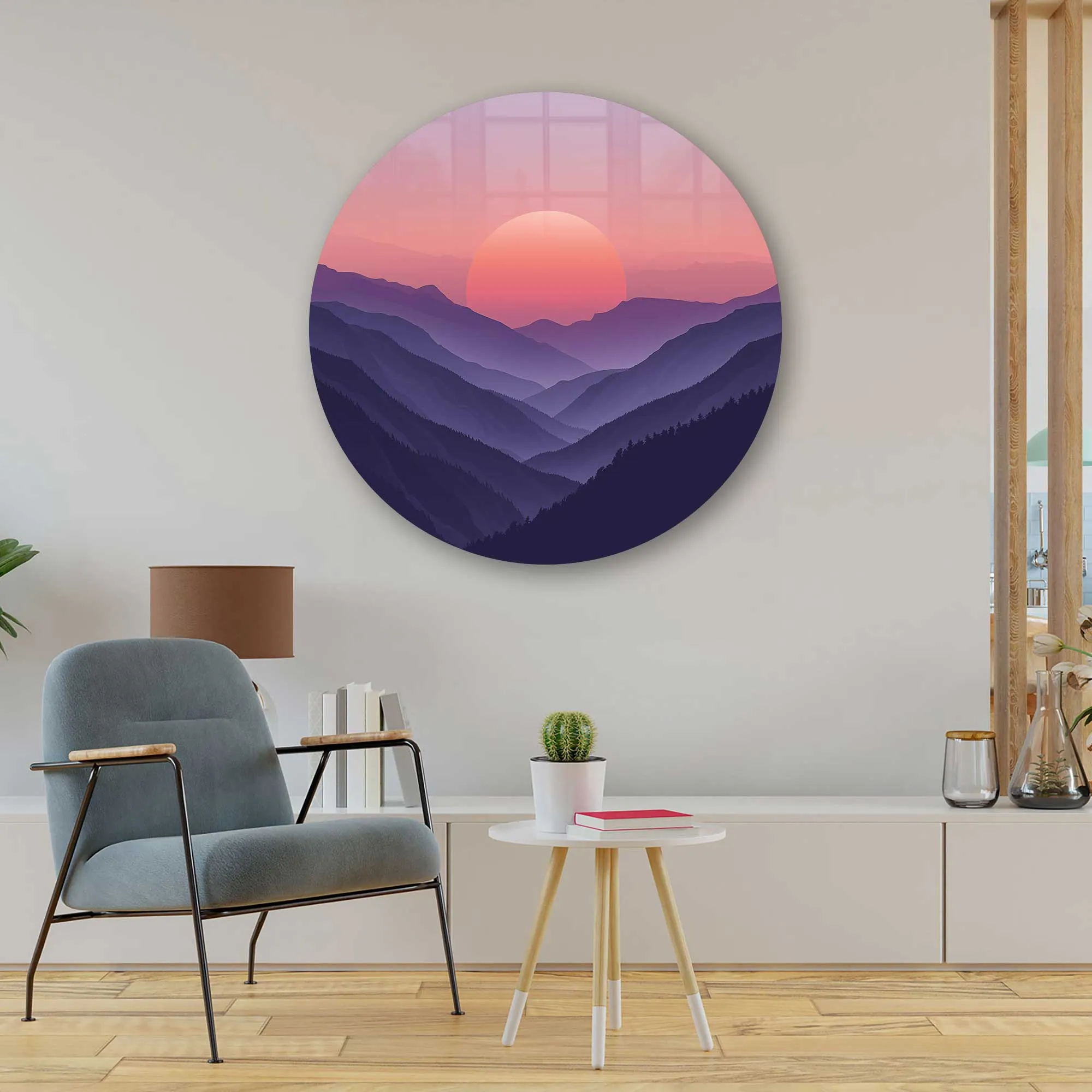 Sunset Beyond the Mountains - Rounded Glass Wall Art