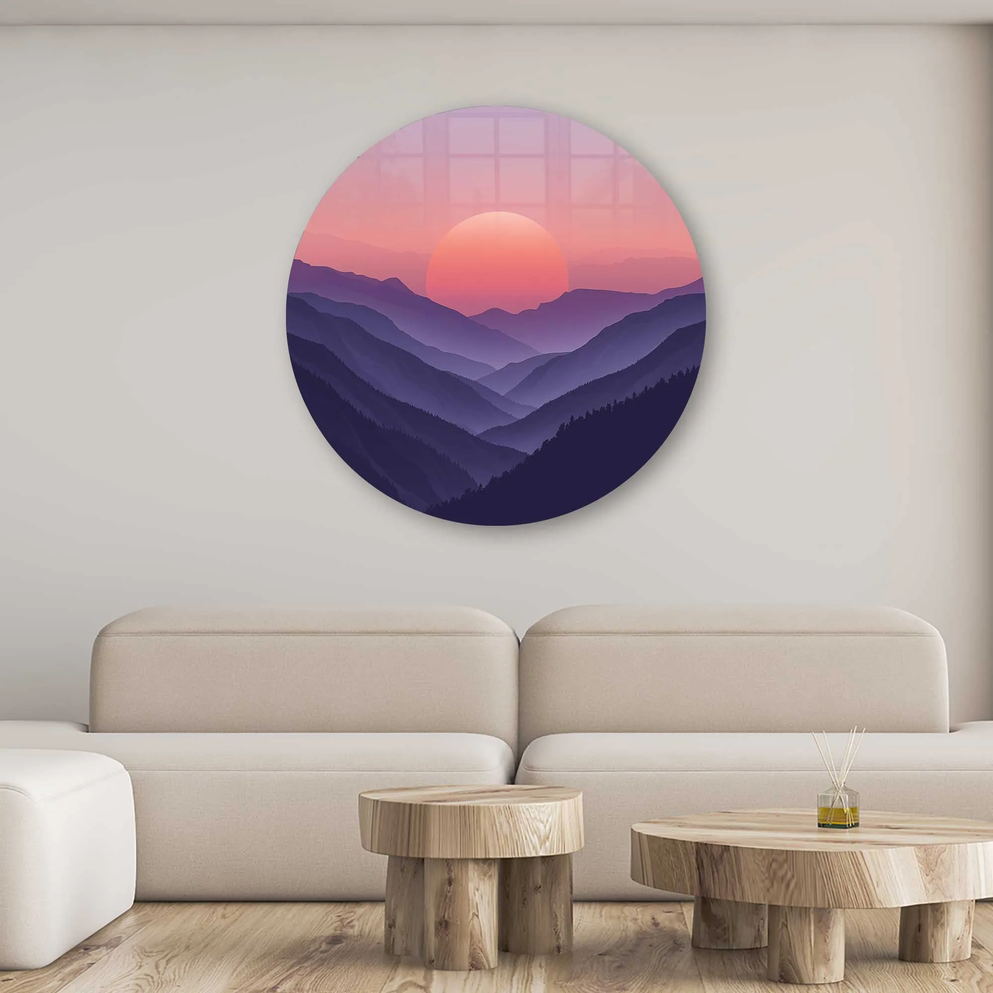 Sunset Beyond the Mountains - Rounded Glass Wall Art