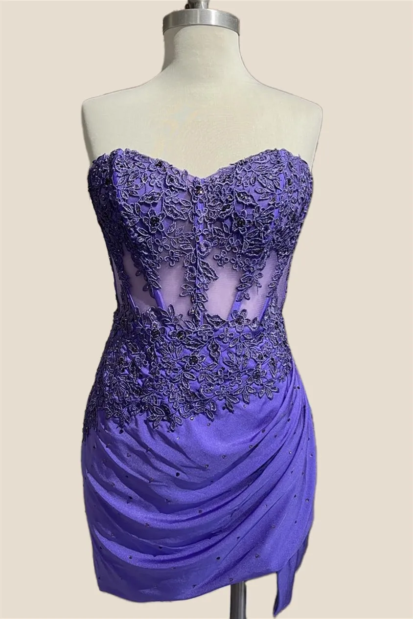 Sweetheart Purple Appliques Ruched Short Dress