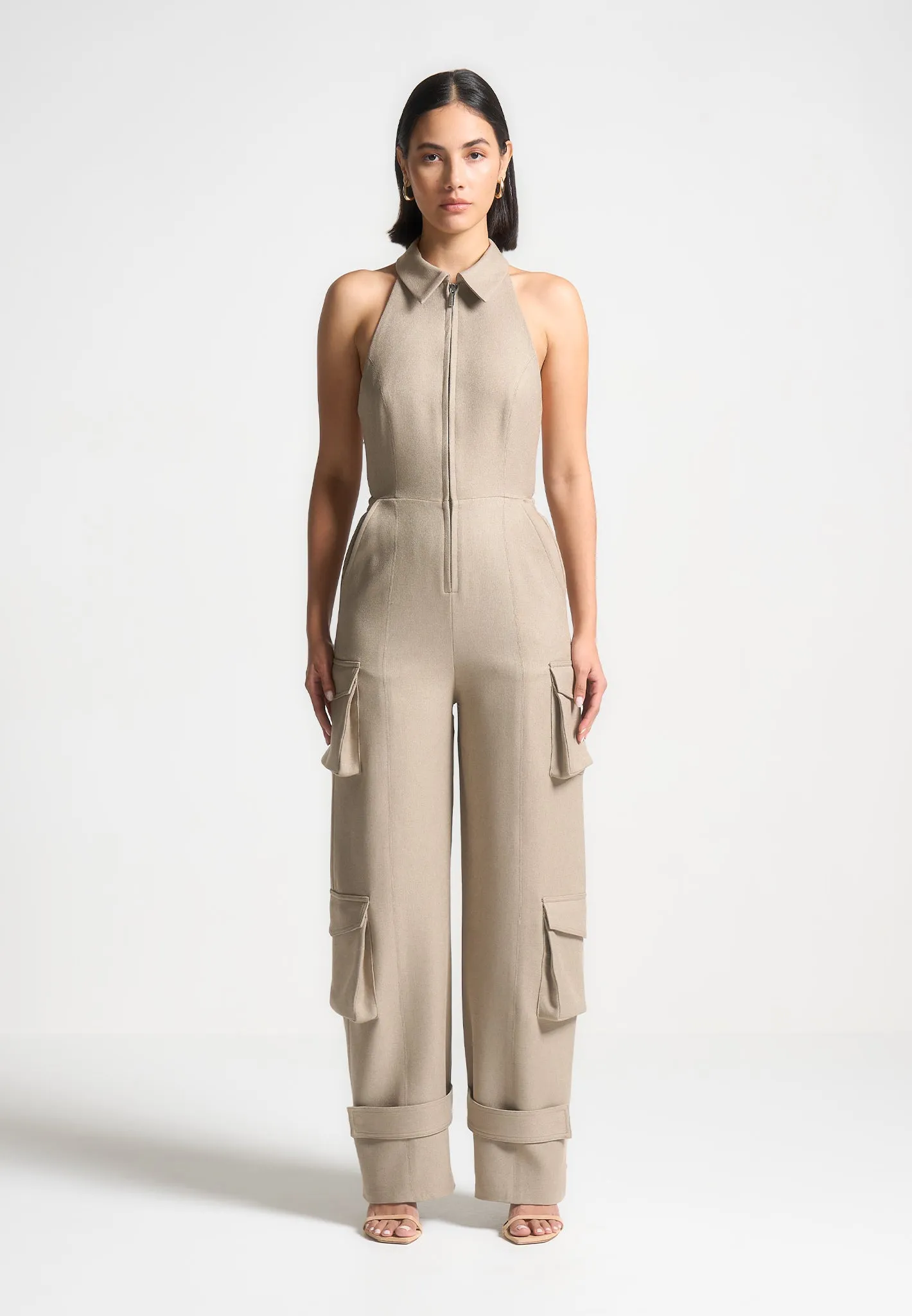 Tailored Halterneck Cargo Jumpsuit - Beige