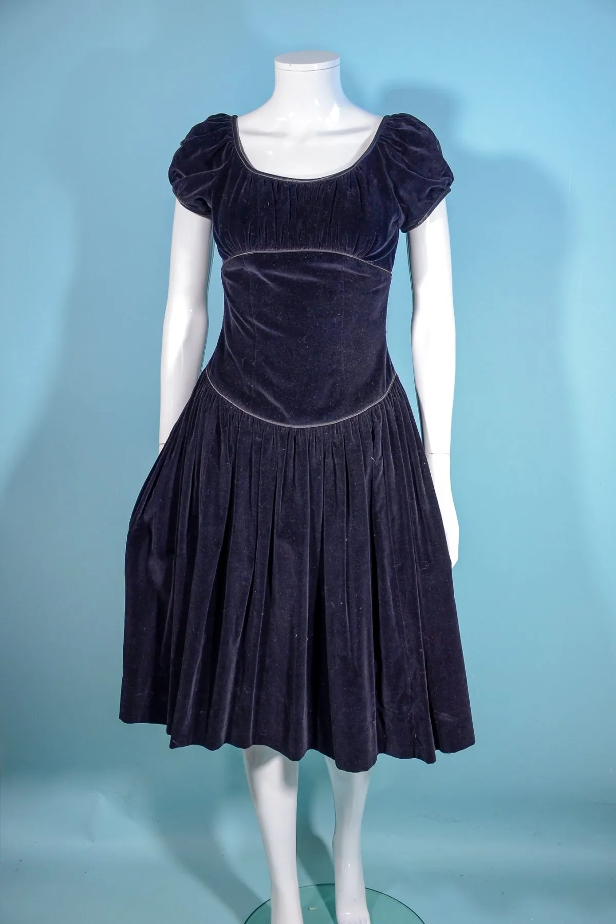 Teena Paige Vintage 50s Black Velvet Dress, Fitted Waist Puff Sleeves, Junior Sizing XS