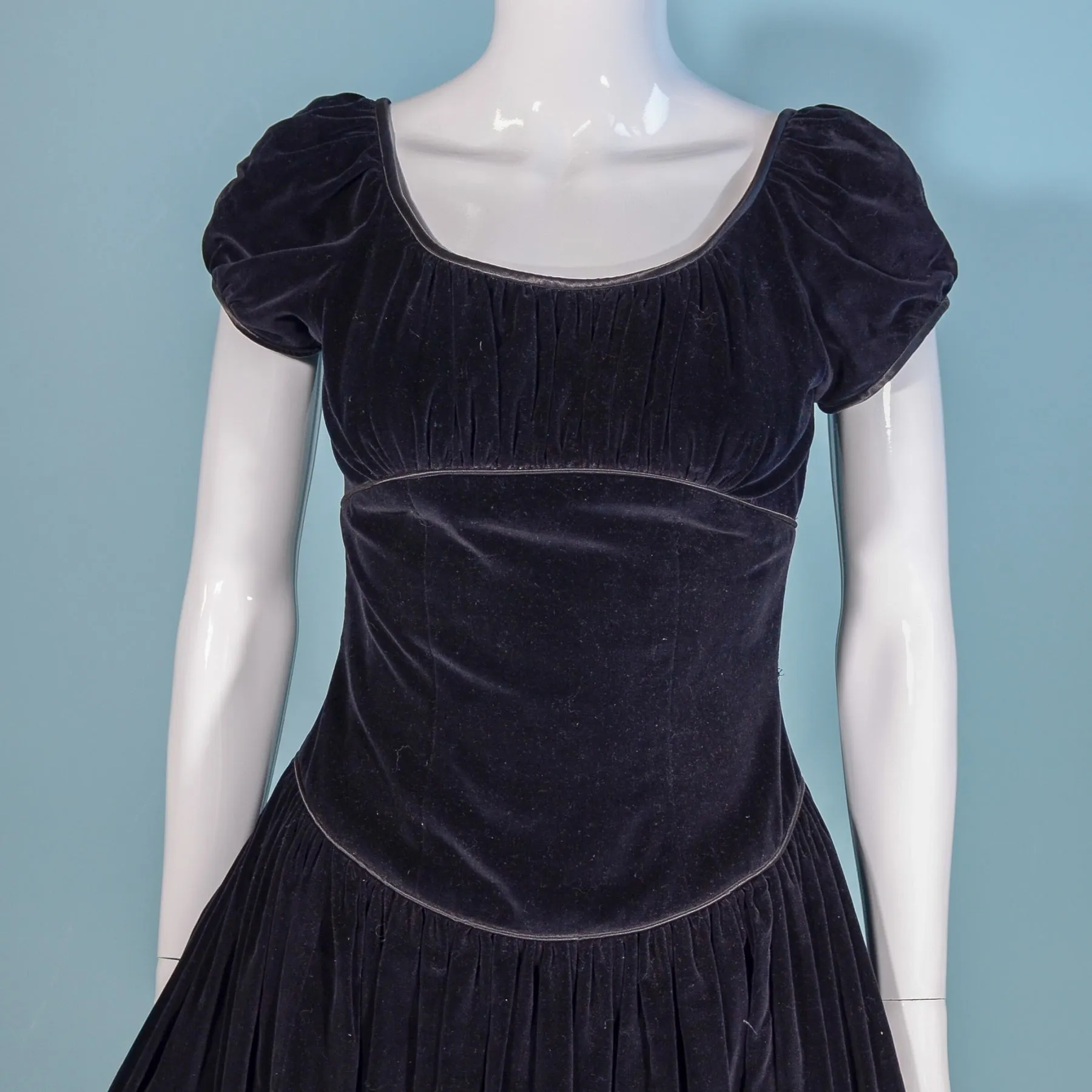 Teena Paige Vintage 50s Black Velvet Dress, Fitted Waist Puff Sleeves, Junior Sizing XS