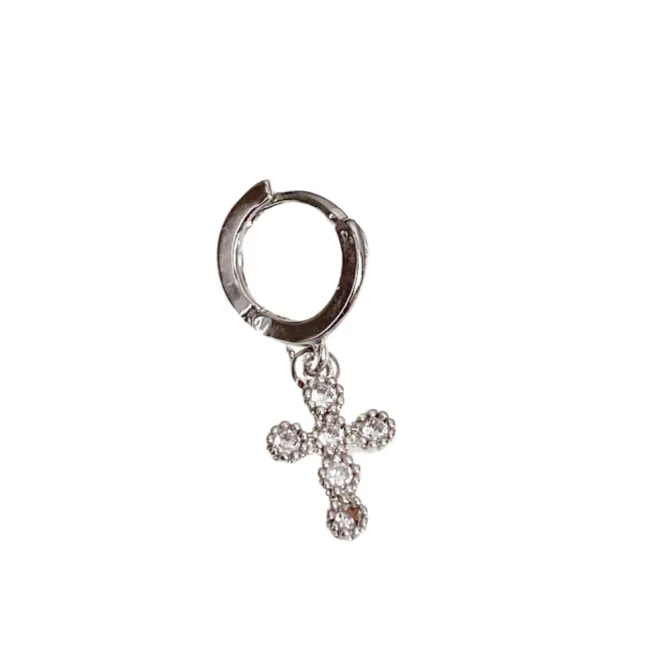 Tiny Cross Charm Huggie Earring - Silver