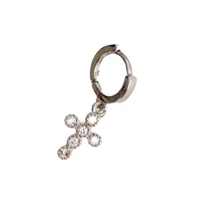 Tiny Cross Charm Huggie Earring - Silver