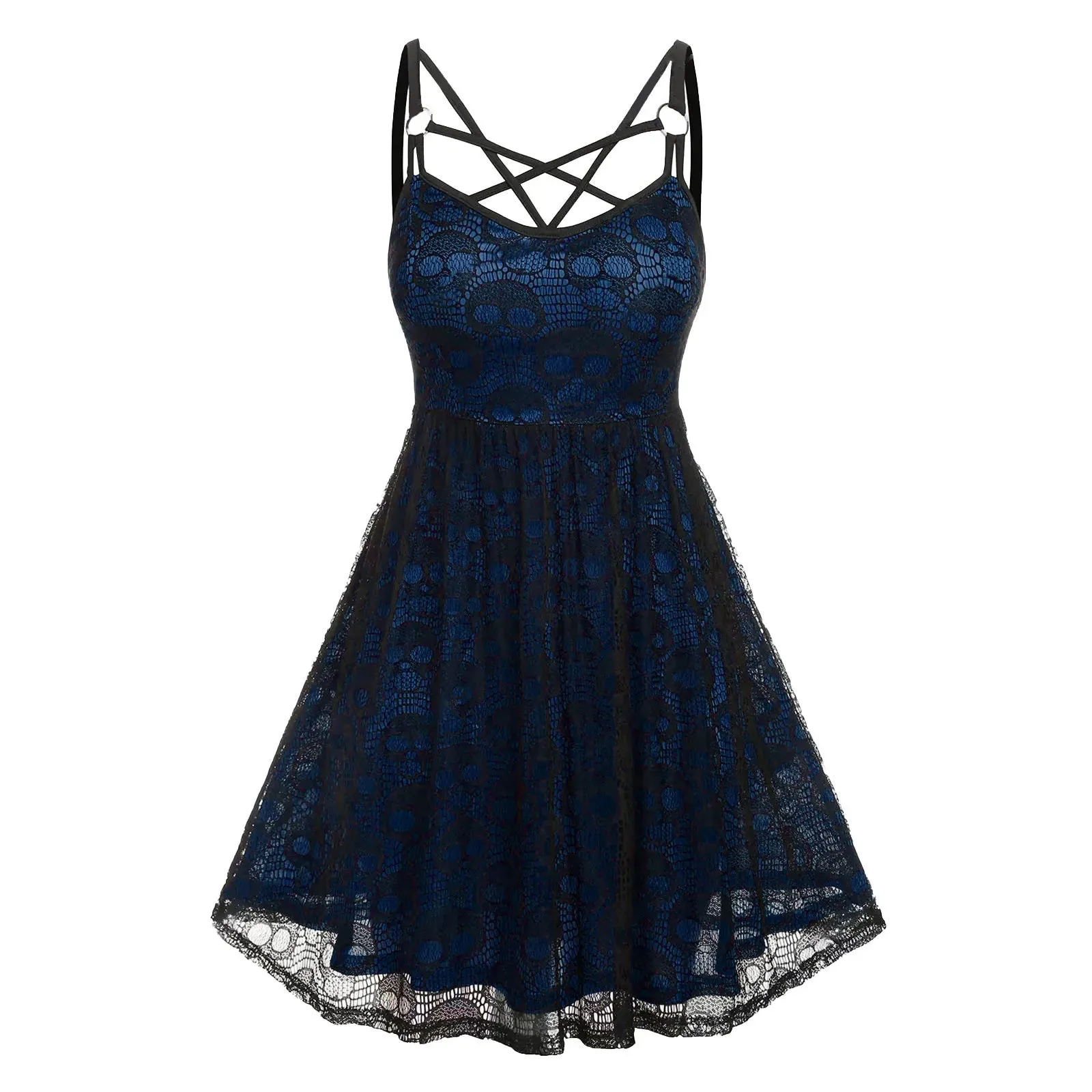 Vintage Halloween Skull Print Slip Cross Bandage Mesh Sexy Backless Prom Gothic Clubwear Dress