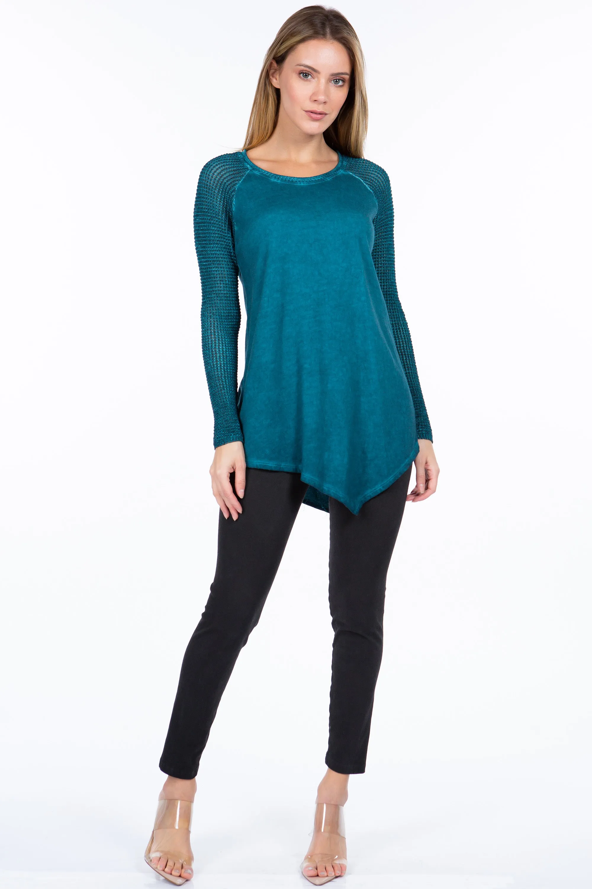 Waffled Raglan Tunic with Asymmetric Hem