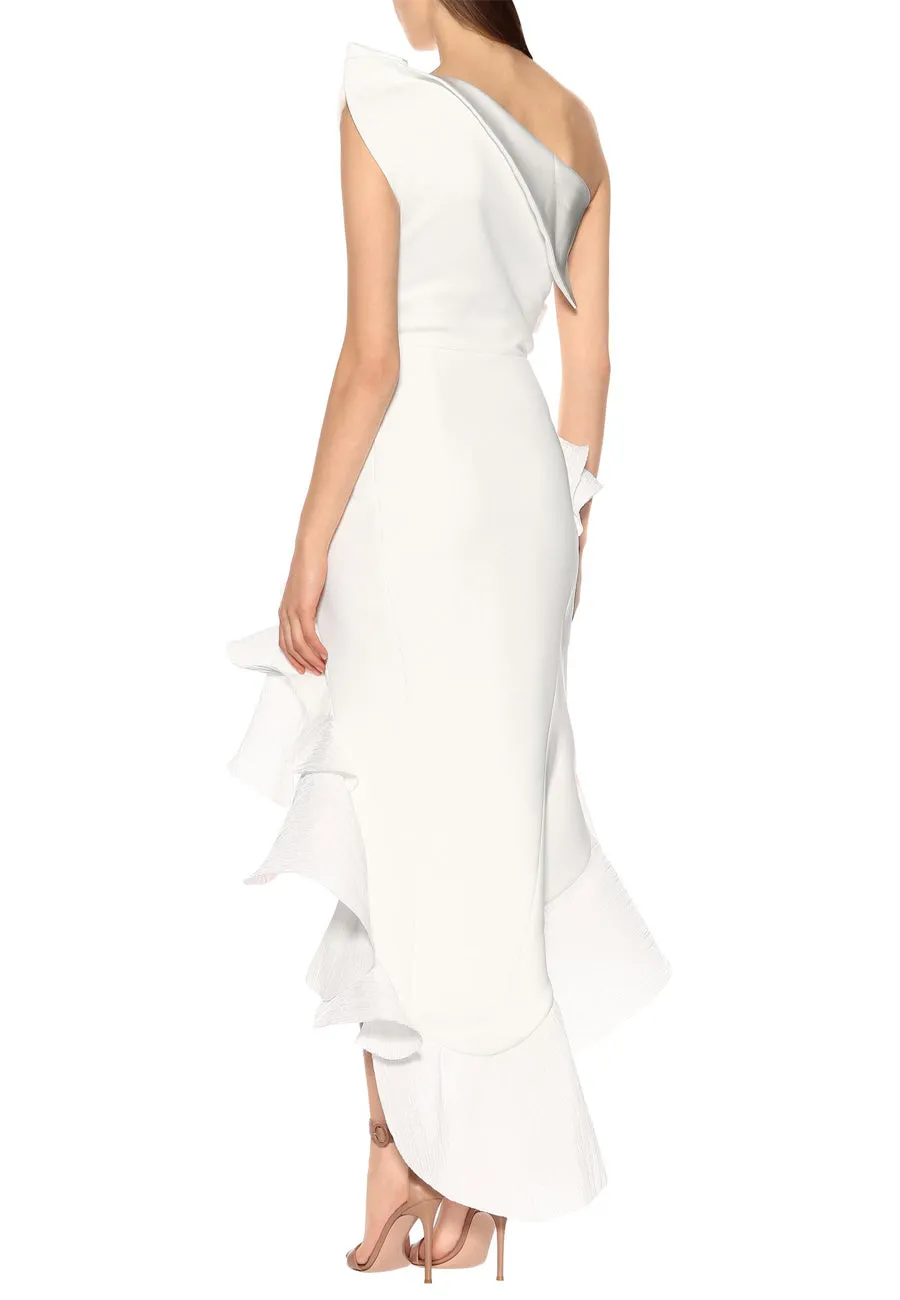 White Flamenco Ruffled Crepe Dress