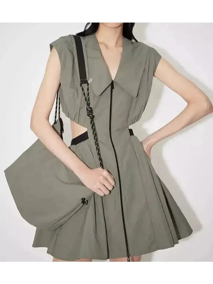 Women’s Backless Cut-Out Olive Green Flared Mini Dress