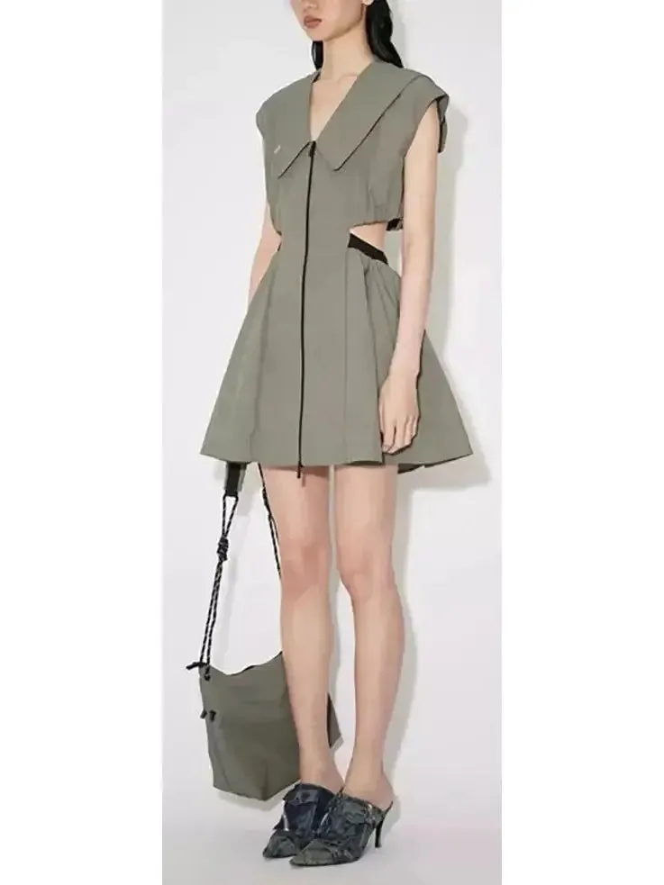 Women’s Backless Cut-Out Olive Green Flared Mini Dress