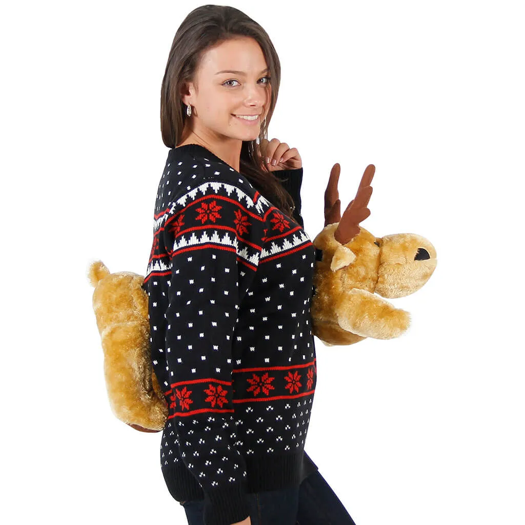 Women's Black 3-D Sweater with Stuffed Moose Ugly Christmas Sweater