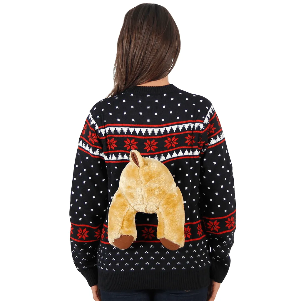 Women's Black 3-D Sweater with Stuffed Moose Ugly Christmas Sweater