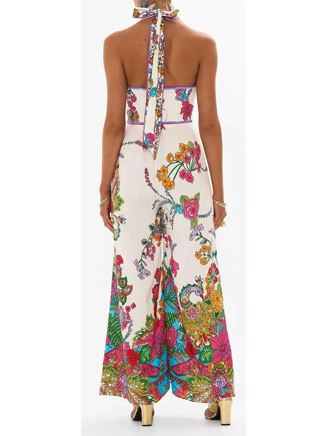 Women’s Bright Floral Printed Halter-Neck Wide-Leg Jumpsuit