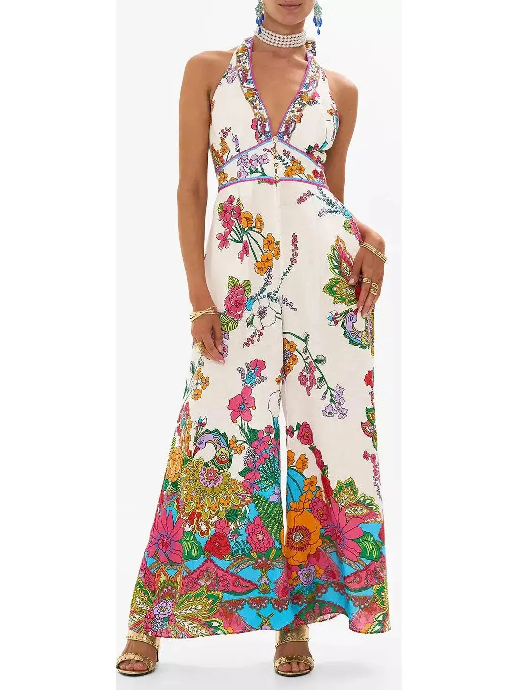 Women’s Bright Floral Printed Halter-Neck Wide-Leg Jumpsuit