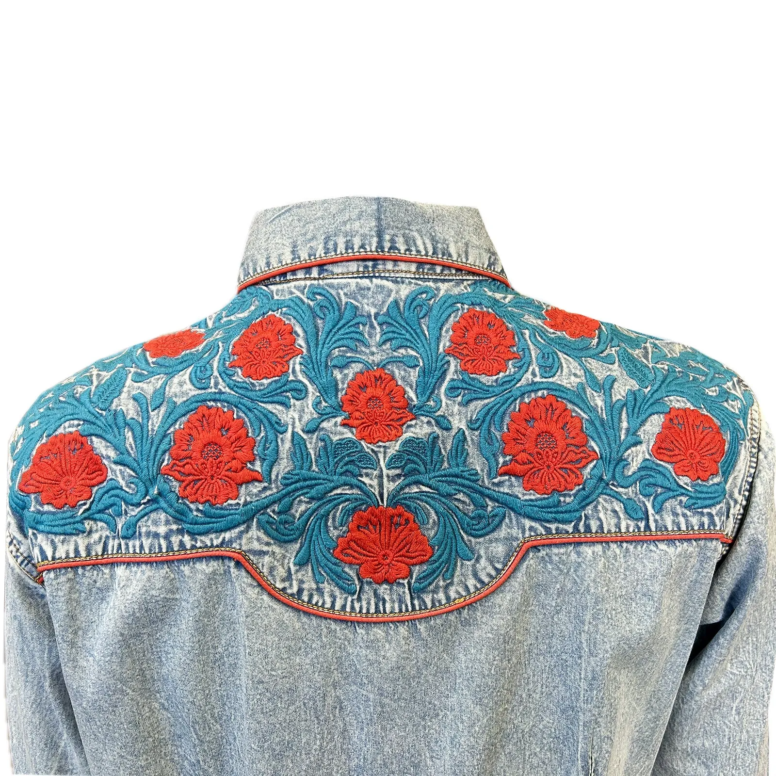 Women's Vintage Floral Embroidery Denim Western Shirt