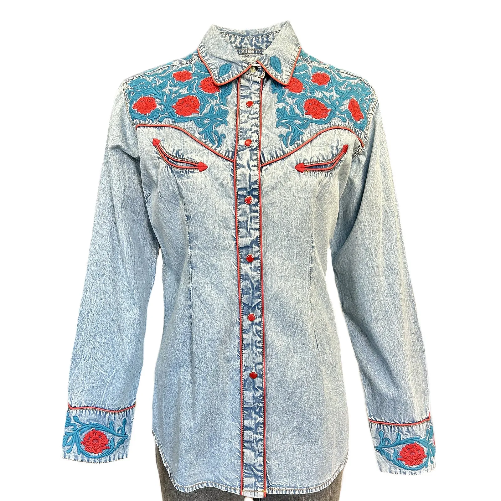 Women's Vintage Floral Embroidery Denim Western Shirt