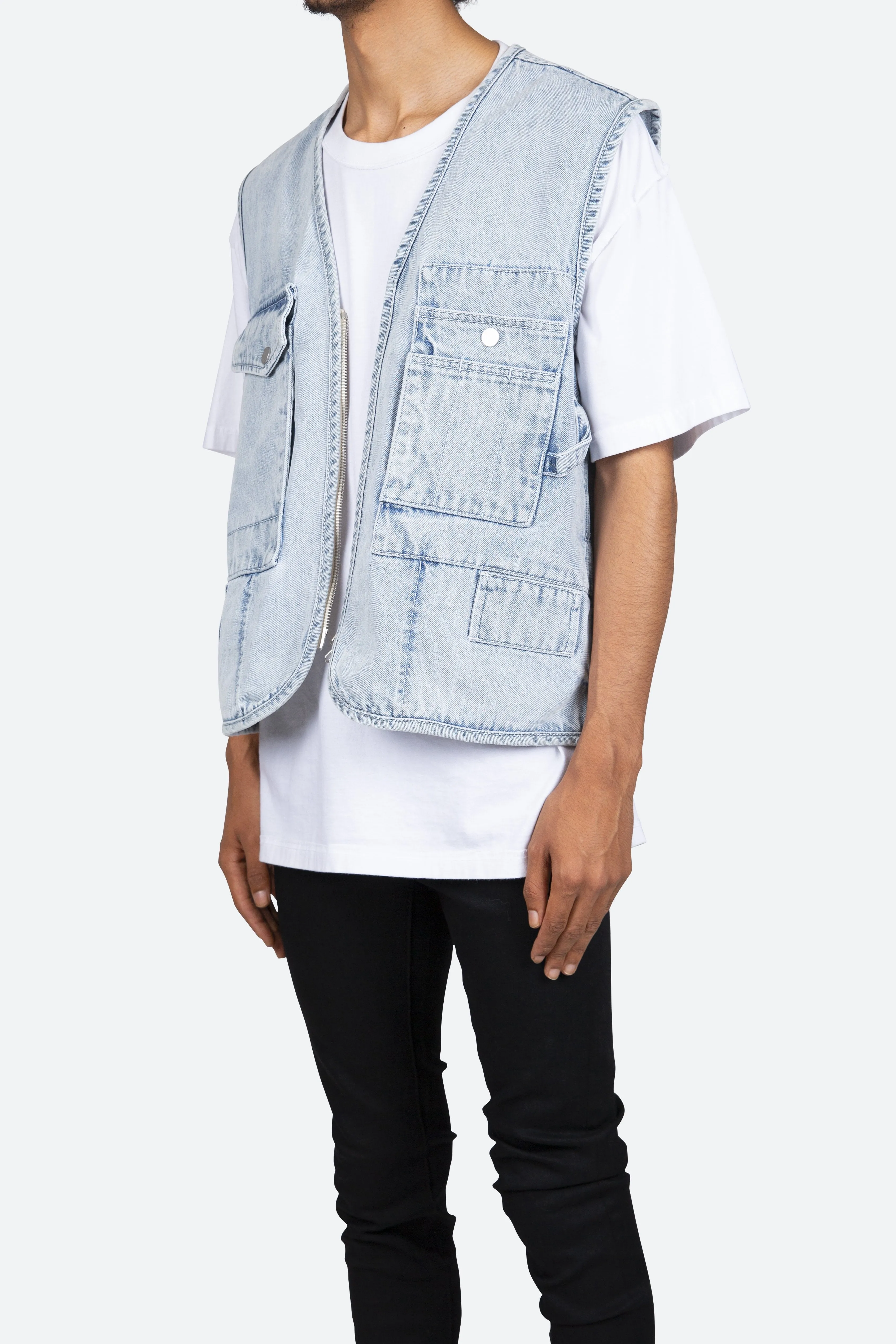 Zippered Denim Vest - Light Blue