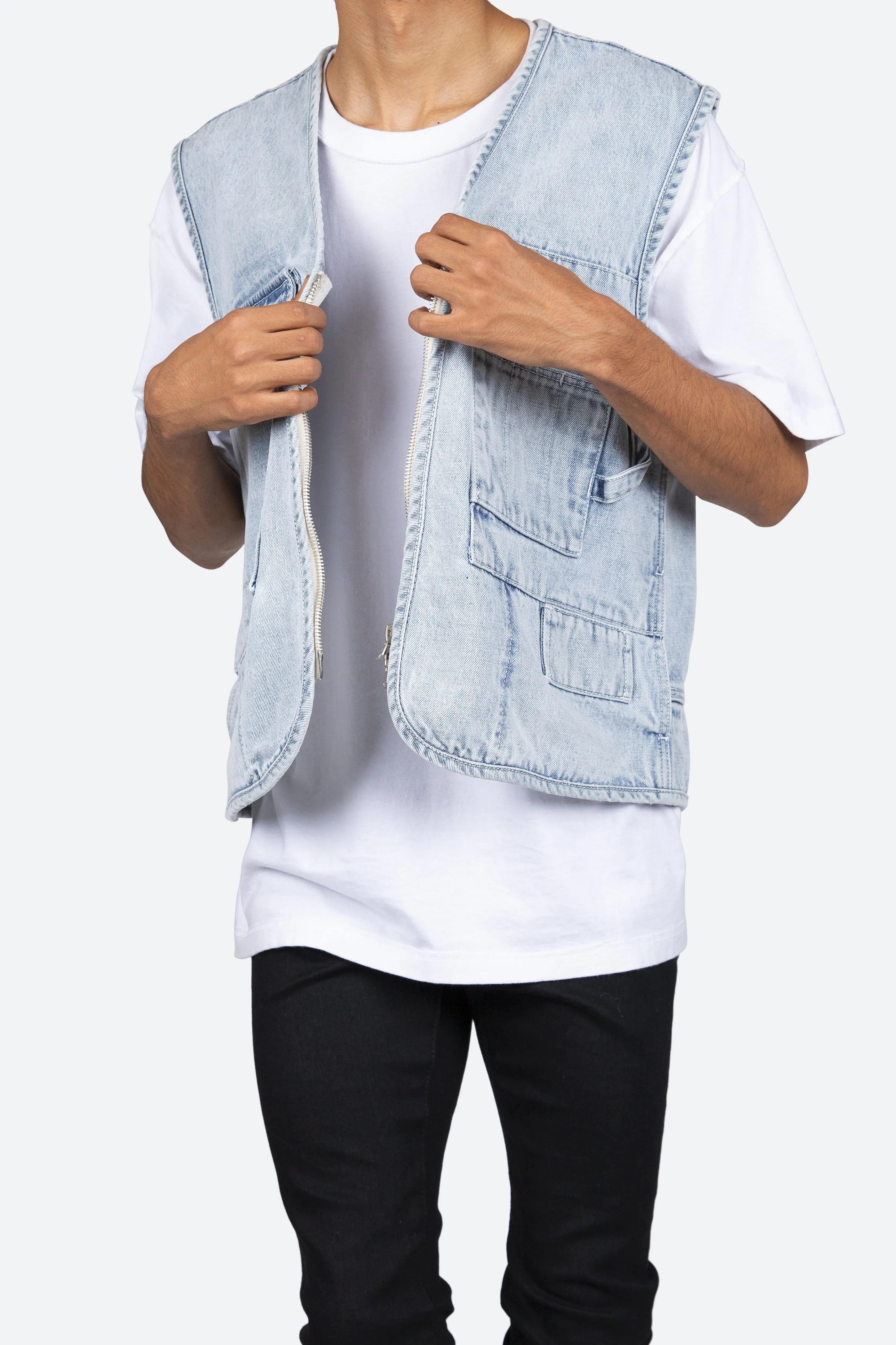 Zippered Denim Vest - Light Blue